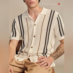 CACTUS MAN BY RICKY SINGH CROCHET OPEN KNIT CUBAN SHORT SLEEVE BUTTON UP SHIRT